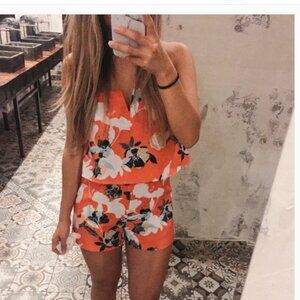 Saks 5th Avenue Orange Pink Floral Strapless Romper, Vacation, Honeymoon Outfit